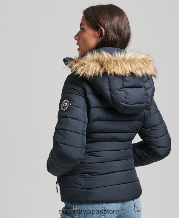 フェイクファーショートフード付きパファージャケット 女性 Superdry 衣類 海軍 2J62PZ3640