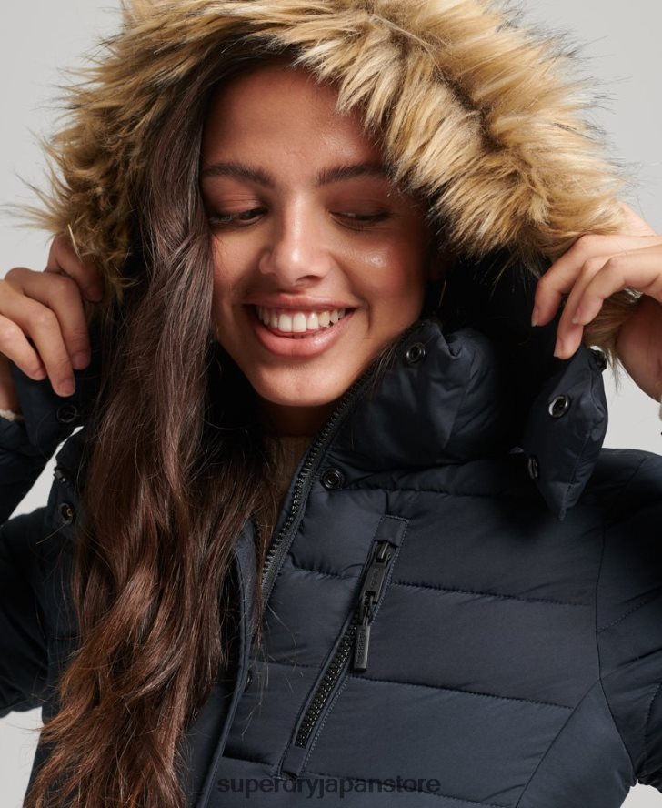 フェイクファーショートフード付きパファージャケット 女性 Superdry 衣類 海軍 2J62PZ3640