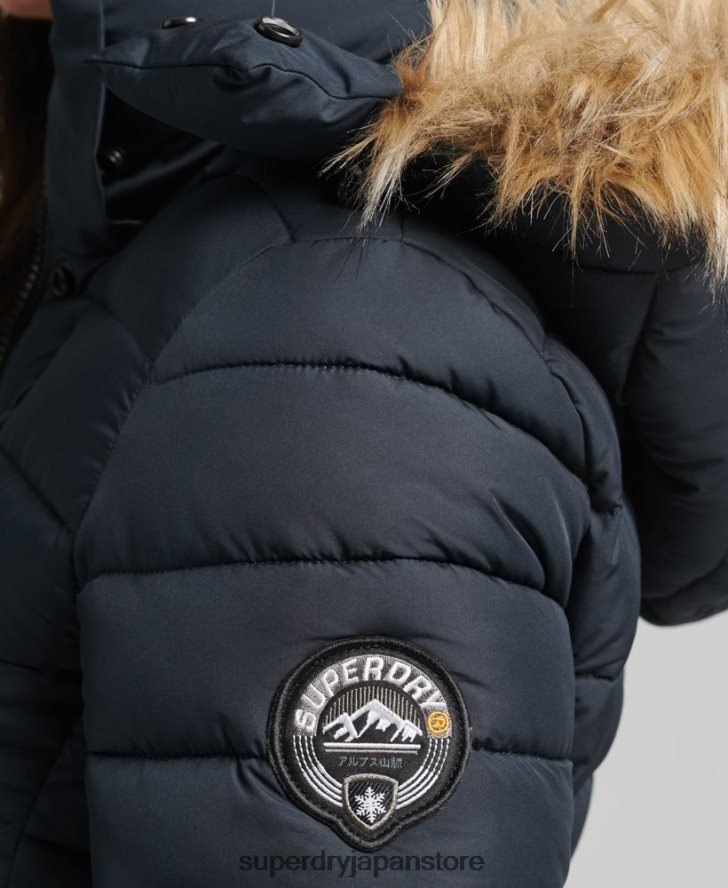 フェイクファーショートフード付きパファージャケット 女性 Superdry 衣類 海軍 2J62PZ3640