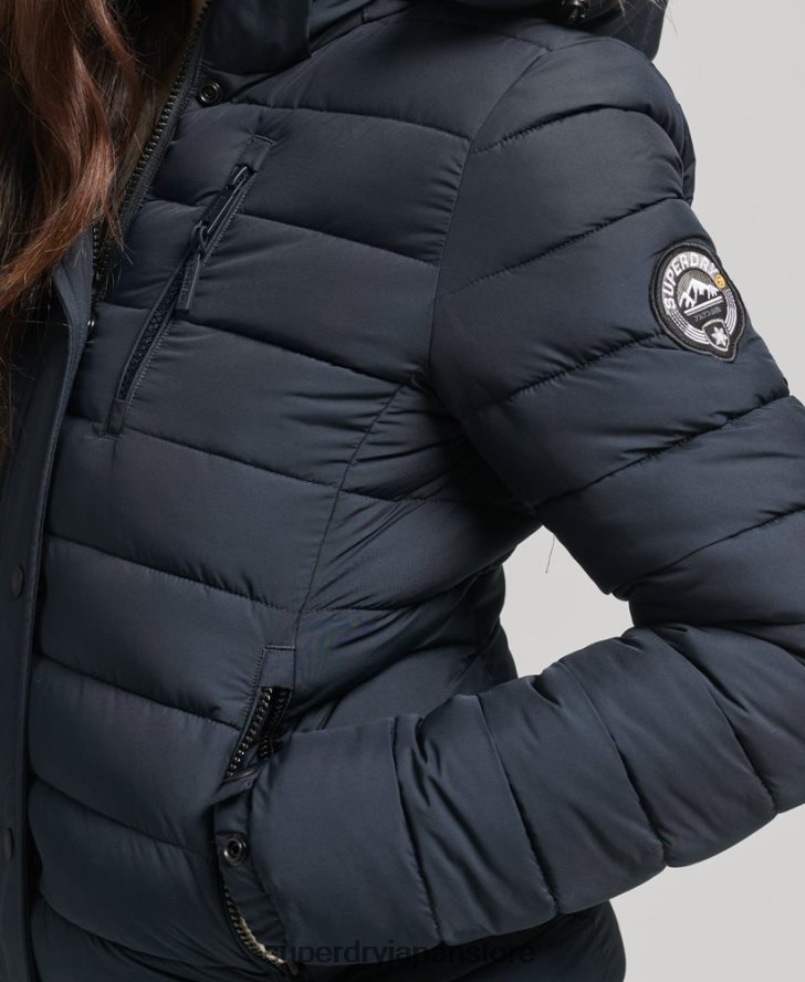フェイクファーショートフード付きパファージャケット 女性 Superdry 衣類 海軍 2J62PZ3640