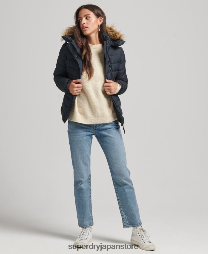 フェイクファーショートフード付きパファージャケット 女性 Superdry 衣類 海軍 2J62PZ3640