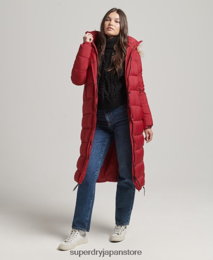 フェイクファーフード付き延縄フグコート 女性 Superdry 衣類 赤 2J62PZ3661