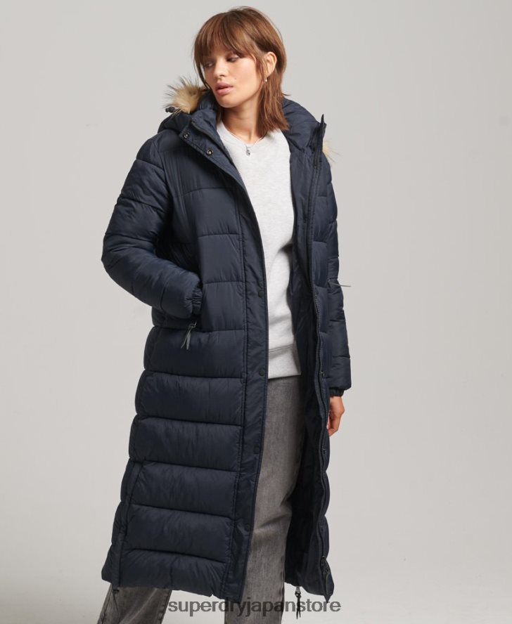 フェイクファーフード付き延縄フグコート 女性 Superdry 衣類 海軍 2J62PZ3662