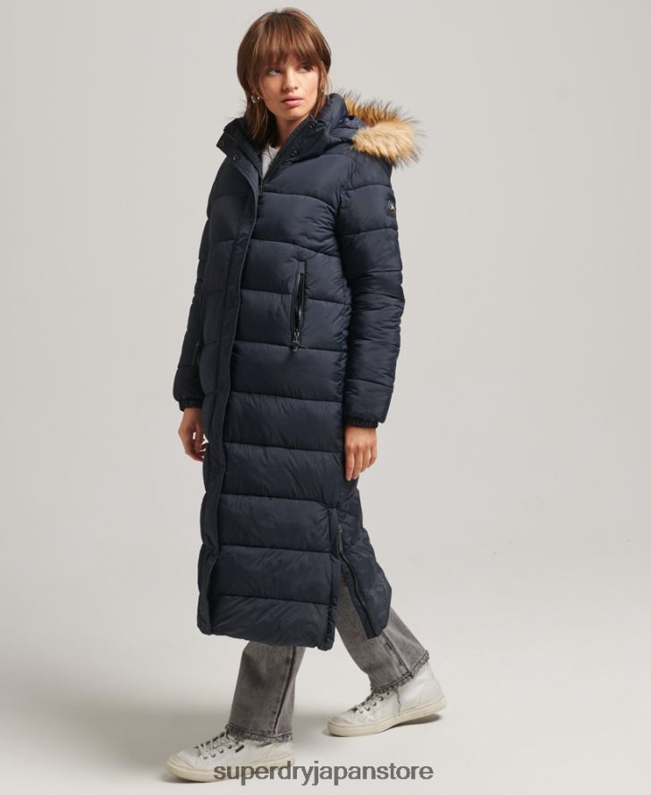 フェイクファーフード付き延縄フグコート 女性 Superdry 衣類 海軍 2J62PZ3662