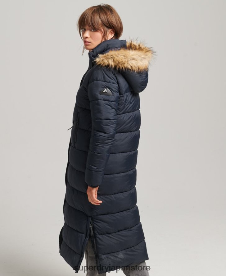 フェイクファーフード付き延縄フグコート 女性 Superdry 衣類 海軍 2J62PZ3662