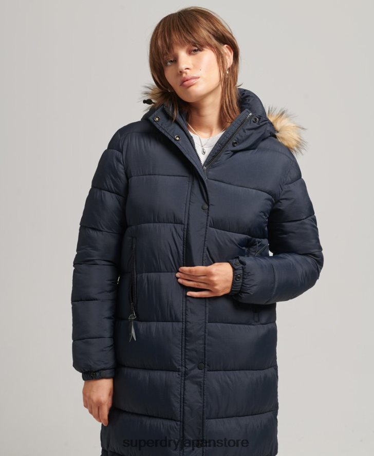 フェイクファーフード付き延縄フグコート 女性 Superdry 衣類 海軍 2J62PZ3662