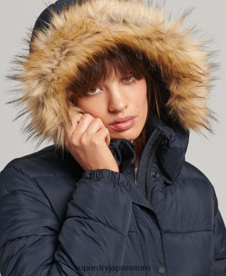 フェイクファーフード付き延縄フグコート 女性 Superdry 衣類 海軍 2J62PZ3662