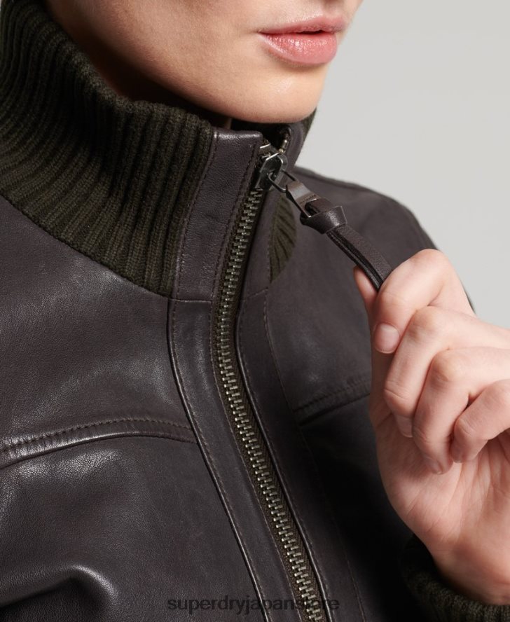 ニットカラーレザーボンバージャケット 女性 Superdry 衣類 茶色 2J62PZ3672