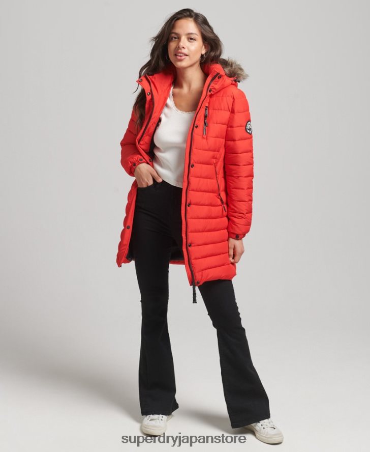 フェイクファーフード付きミッドレングスパファージャケット 女性 Superdry 衣類 赤 2J62PZ3688