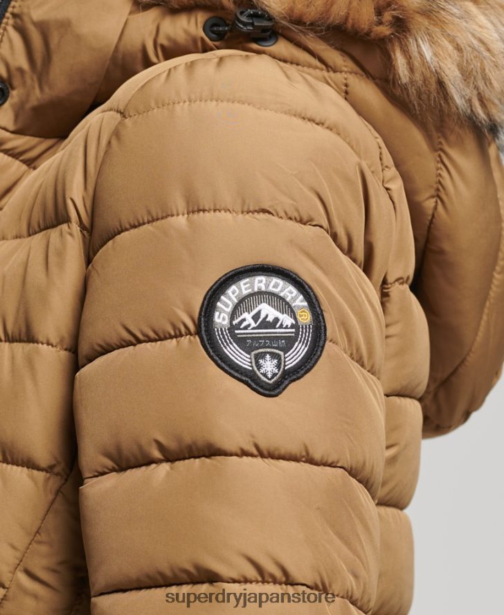 フェイクファーフード付き延縄ライトパッド入りパファーコート 女性 Superdry 衣類 茶色 2J62PZ3701