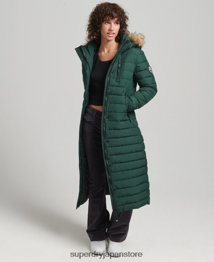 フェイクファーフード付き延縄ライトパッド入りパファーコート 女性 Superdry 衣類 緑 2J62PZ3702