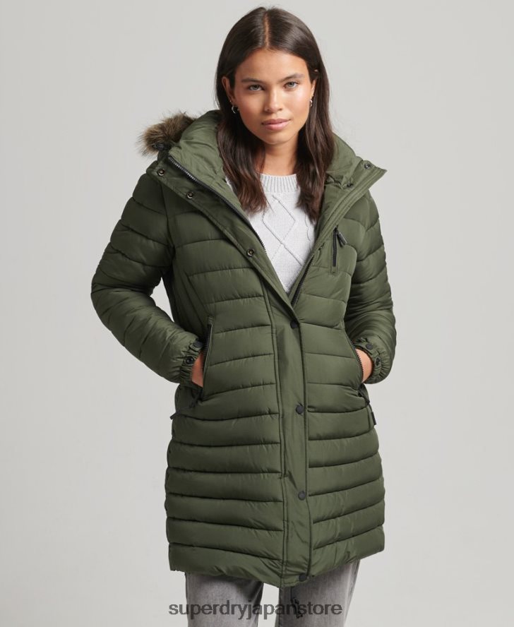 フェイクファーフード付きミッドレングスパファージャケット 女性 Superdry 衣類 カーキ 2J62PZ3715