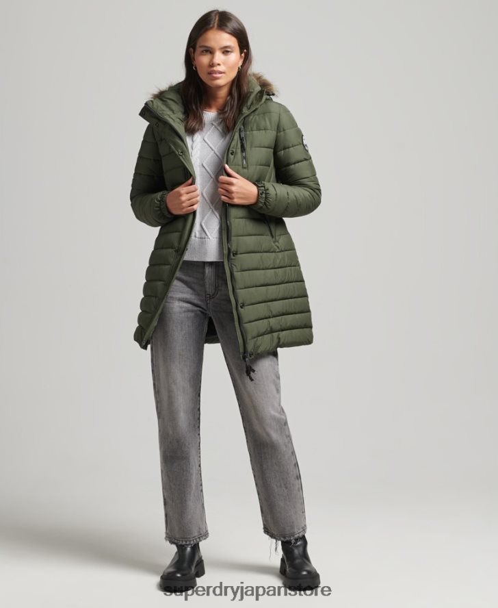 フェイクファーフード付きミッドレングスパファージャケット 女性 Superdry 衣類 カーキ 2J62PZ3715
