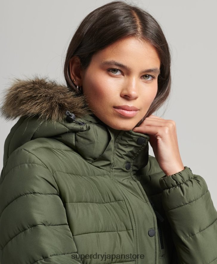 フェイクファーフード付きミッドレングスパファージャケット 女性 Superdry 衣類 カーキ 2J62PZ3715