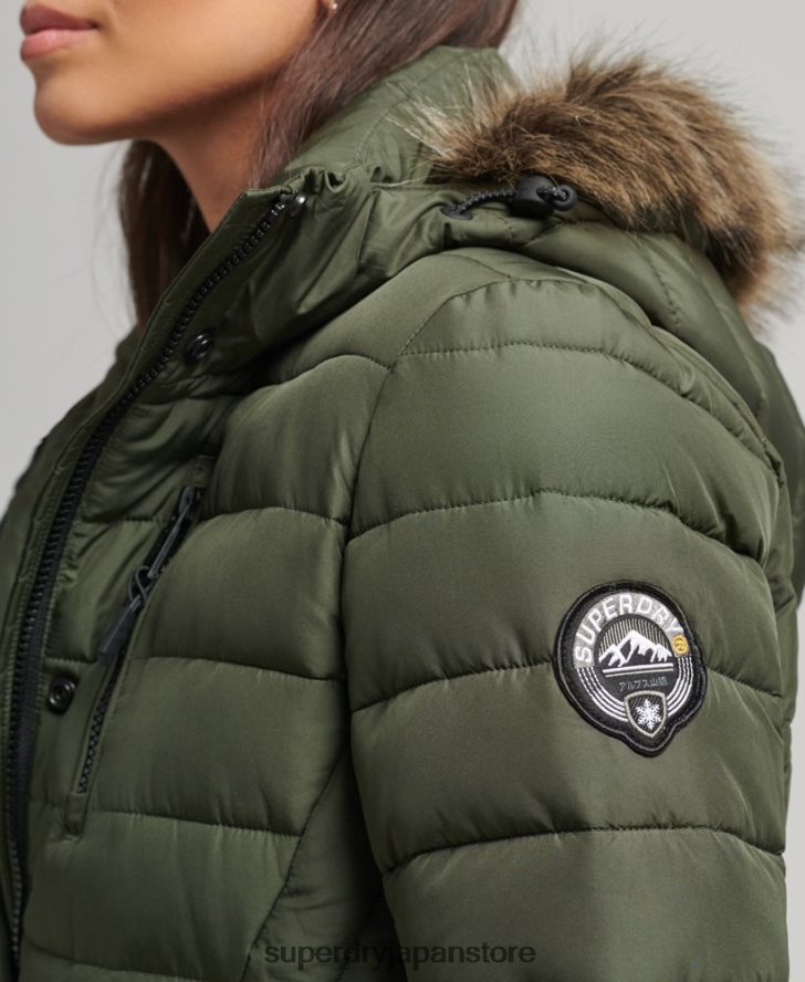 フェイクファーフード付きミッドレングスパファージャケット 女性 Superdry 衣類 カーキ 2J62PZ3715