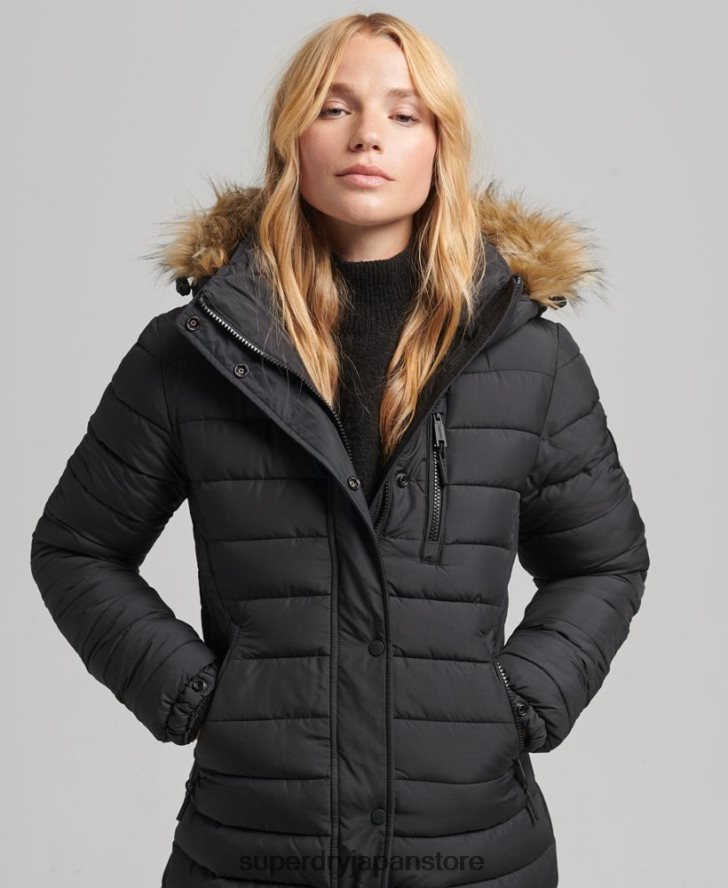 フェイクファーフード付き延縄ライトパッド入りパファーコート 女性 Superdry 衣類 黒 2J62PZ3716