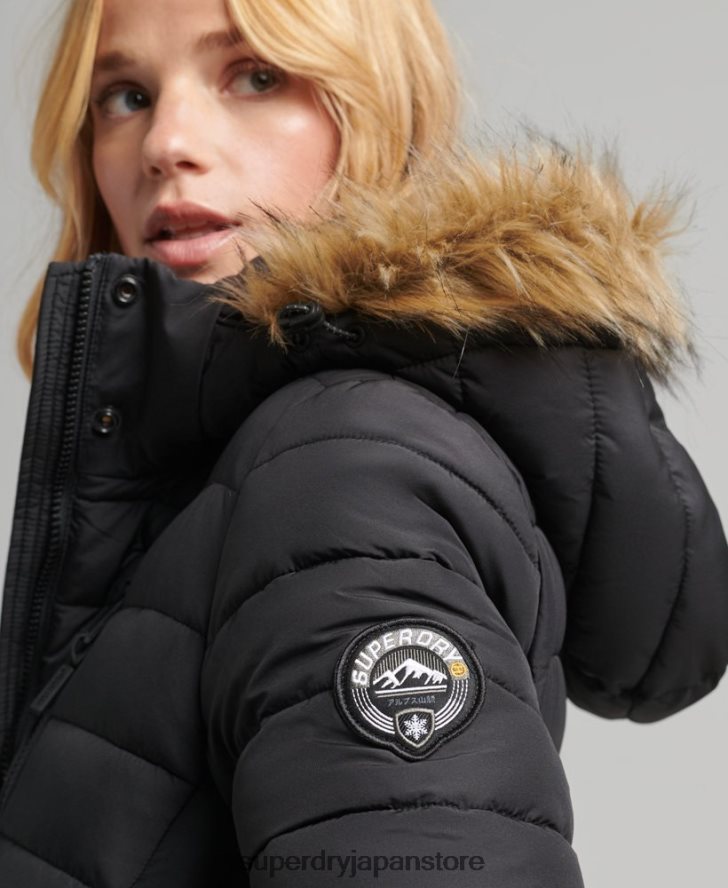 フェイクファーフード付き延縄ライトパッド入りパファーコート 女性 Superdry 衣類 黒 2J62PZ3716