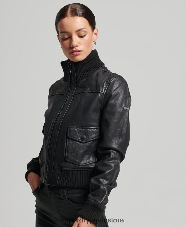 ニットカラーレザーボンバージャケット 女性 Superdry 衣類 黒 2J62PZ3718
