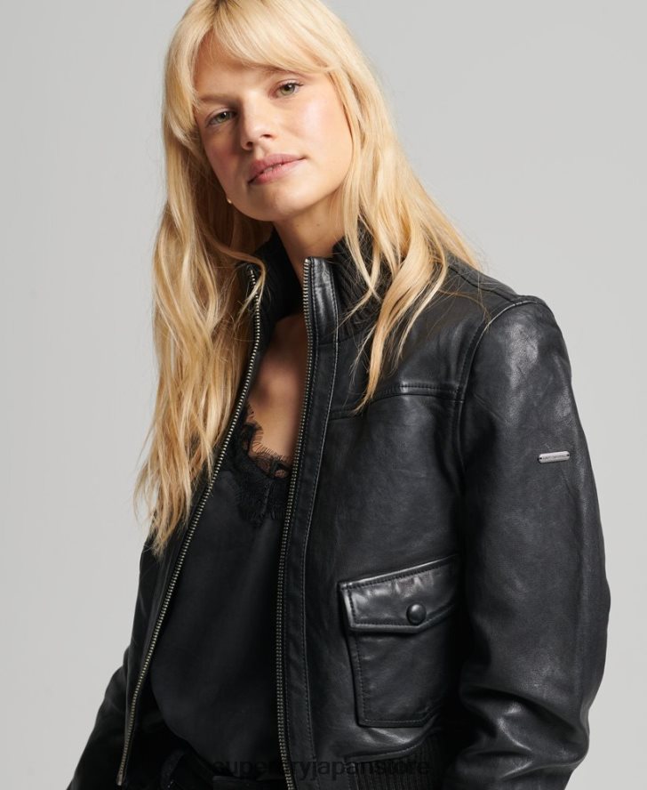 ニットカラーレザーボンバージャケット 女性 Superdry 衣類 黒 2J62PZ3719