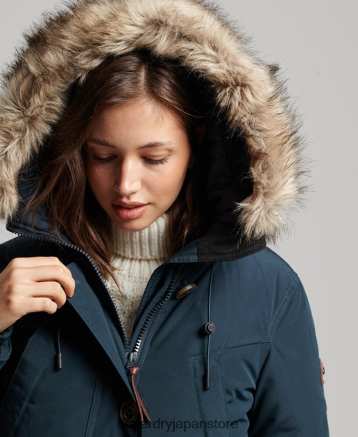 フード付きフェイクファーダウンパーカーコート 女性 Superdry 衣類 海軍 2J62PZ3727