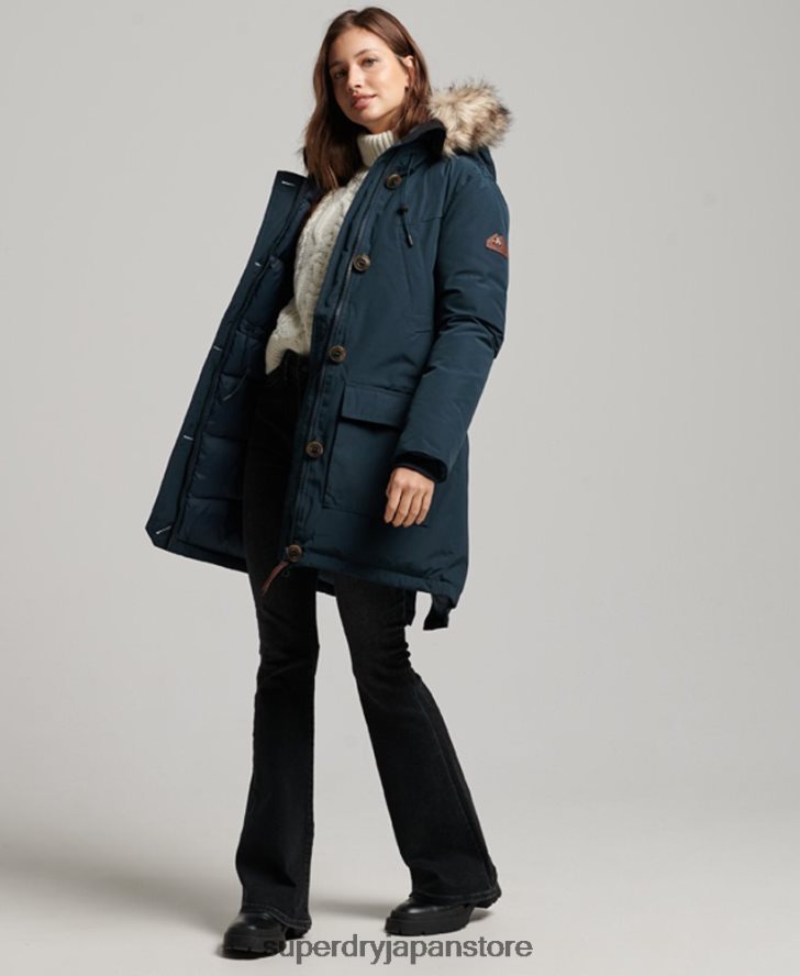 フード付きフェイクファーダウンパーカーコート 女性 Superdry 衣類 海軍 2J62PZ3727