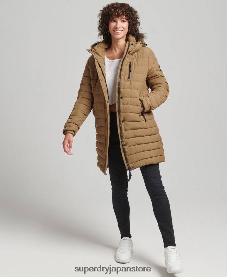 フェイクファーフード付きミッドレングスパファージャケット 女性 Superdry 衣類 茶色 2J62PZ3748