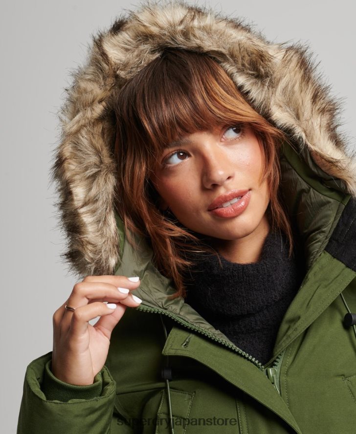 フード付きフェイクファーダウンパーカーコート 女性 Superdry 衣類 緑 2J62PZ3775