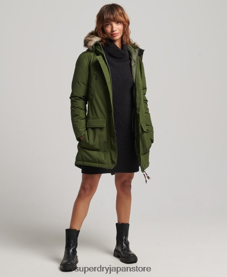 フード付きフェイクファーダウンパーカーコート 女性 Superdry 衣類 緑 2J62PZ3775