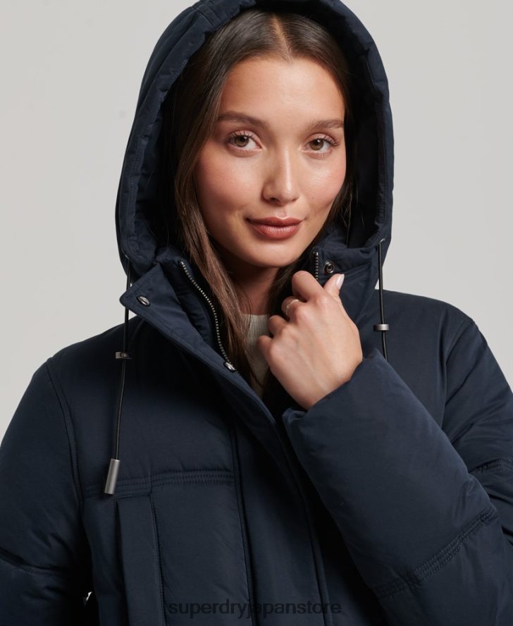 マイクロファイバー フード付きパファーコート 女性 Superdry 衣類 海軍 2J62PZ3814