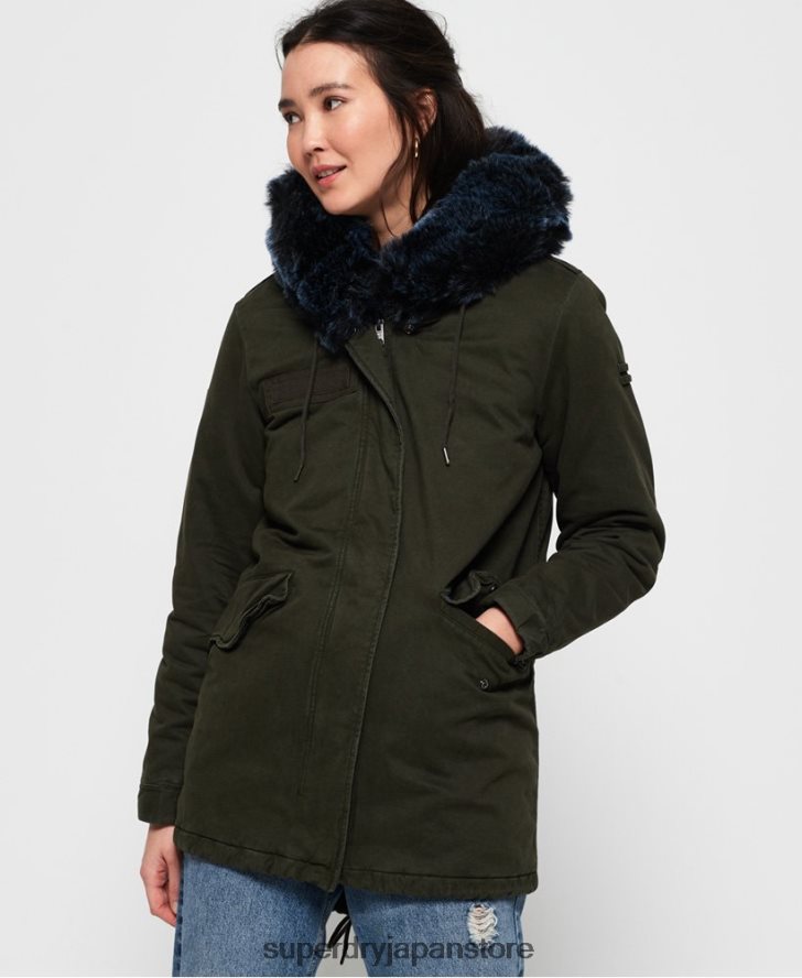 ホークカラーのフェイクファーパーカージャケット 女性 Superdry 衣類 カーキ 2J62PZ3862