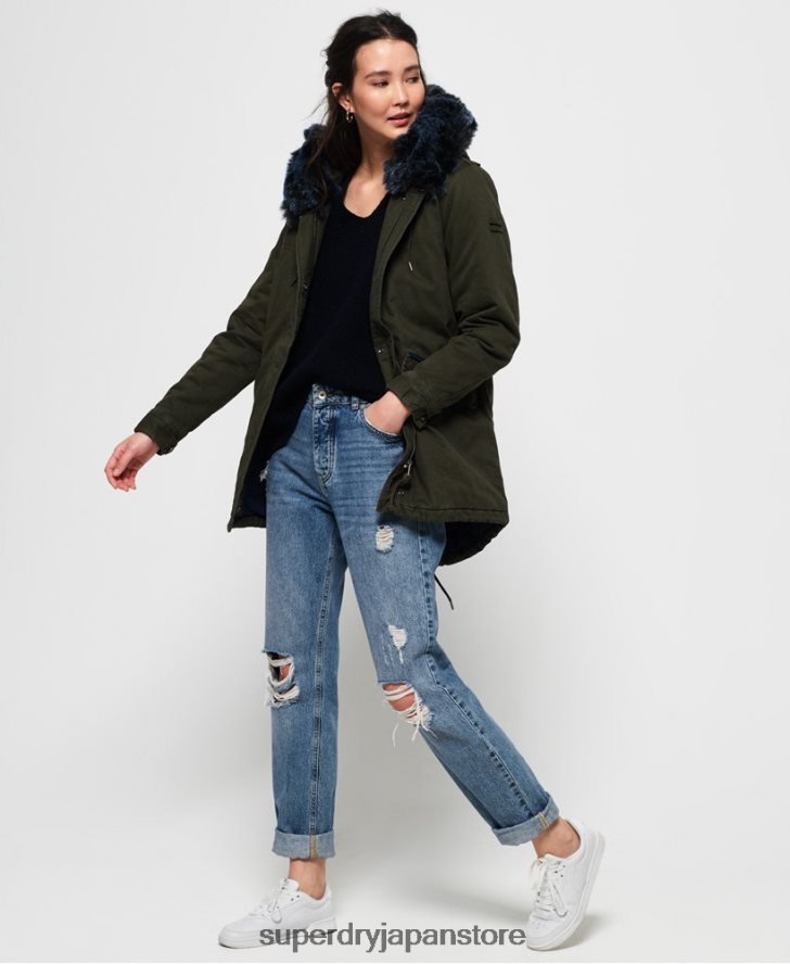 ホークカラーのフェイクファーパーカージャケット 女性 Superdry 衣類 カーキ 2J62PZ3862