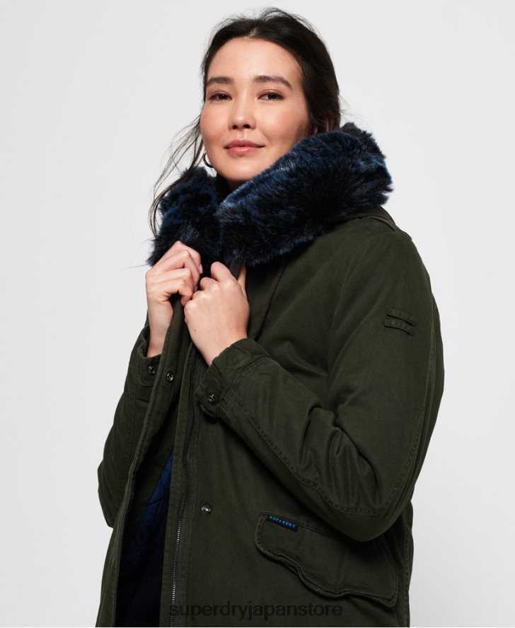 ホークカラーのフェイクファーパーカージャケット 女性 Superdry 衣類 カーキ 2J62PZ3862