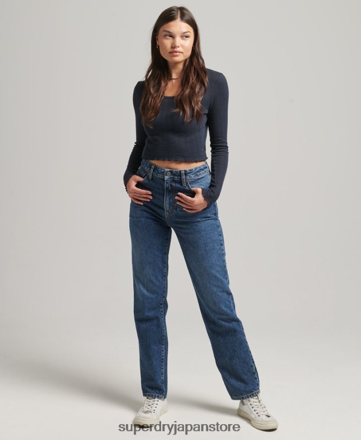オーガニックコットン ハイライズ ストレート ジーンズ 女性 Superdry 衣類 濃紺 2J62PZ3892