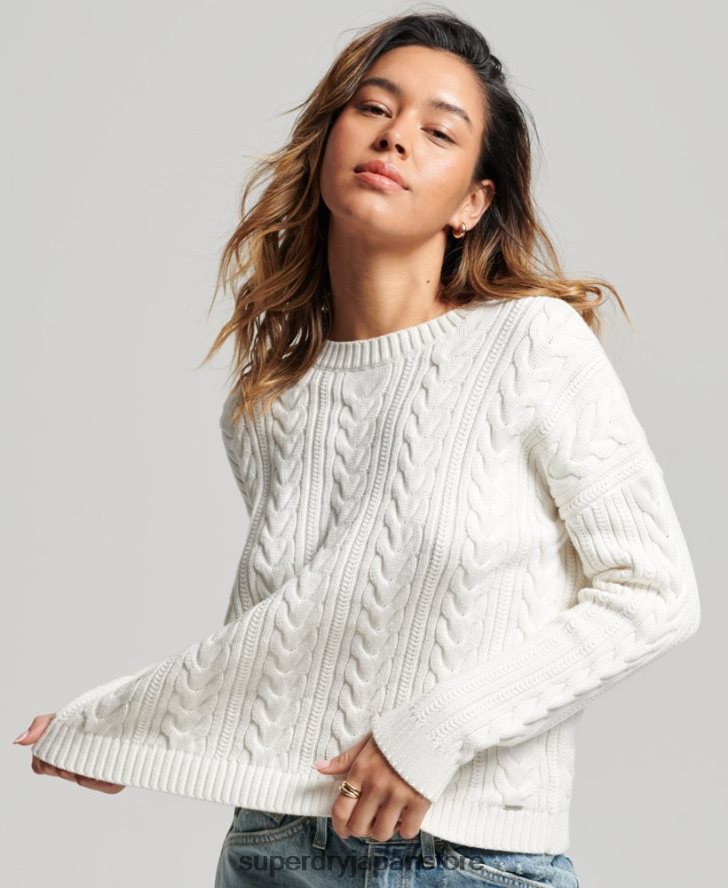 ドロップショルダー ケーブルニット クルーネック セーター 女性 Superdry 衣類 白 2J62PZ3959