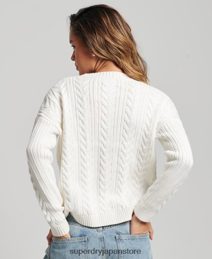 ドロップショルダー ケーブルニット クルーネック セーター 女性 Superdry 衣類 白 2J62PZ3959