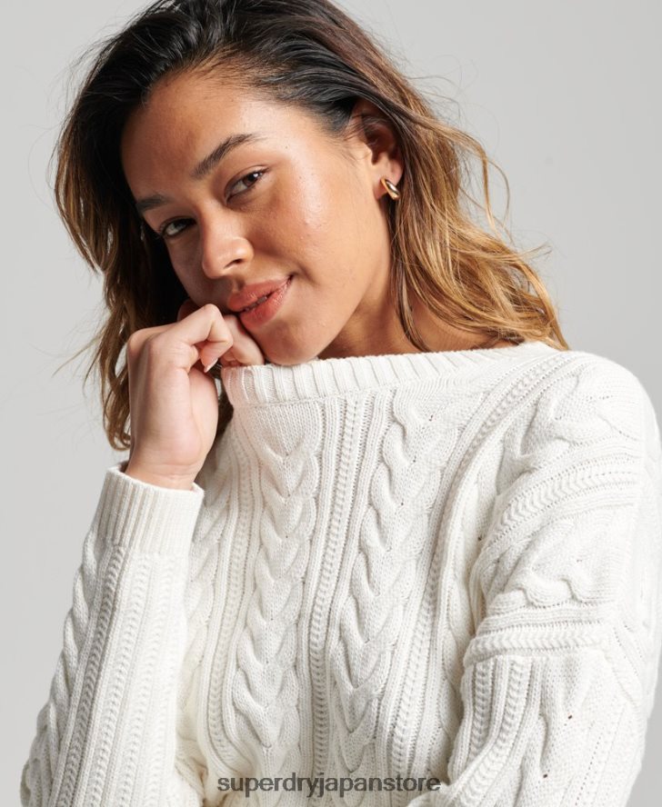ドロップショルダー ケーブルニット クルーネック セーター 女性 Superdry 衣類 白 2J62PZ3959