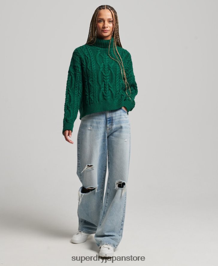 ケーブルニット ポロネック セーター 女性 Superdry 衣類 緑 2J62PZ3966