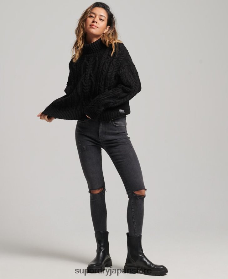 ケーブルニット ポロネック セーター 女性 Superdry 衣類 黒 2J62PZ3976