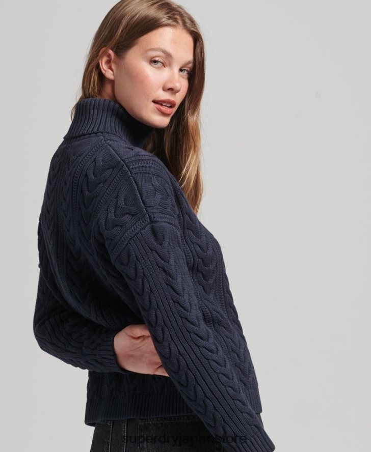 ドロップショルダーケーブルロールネックジャンパー 女性 Superdry 衣類 海軍 2J62PZ3985