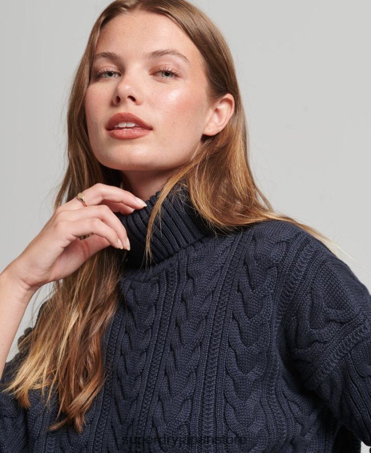 ドロップショルダーケーブルロールネックジャンパー 女性 Superdry 衣類 海軍 2J62PZ3985