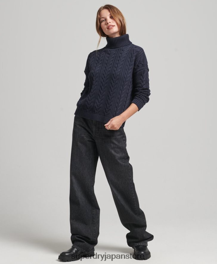 ドロップショルダーケーブルロールネックジャンパー 女性 Superdry 衣類 海軍 2J62PZ3985