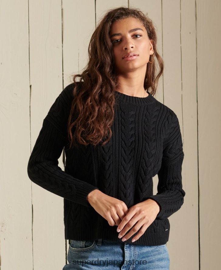 ドロップショルダー ケーブルニット クルーネック セーター 女性 Superdry 衣類 黒 2J62PZ3995