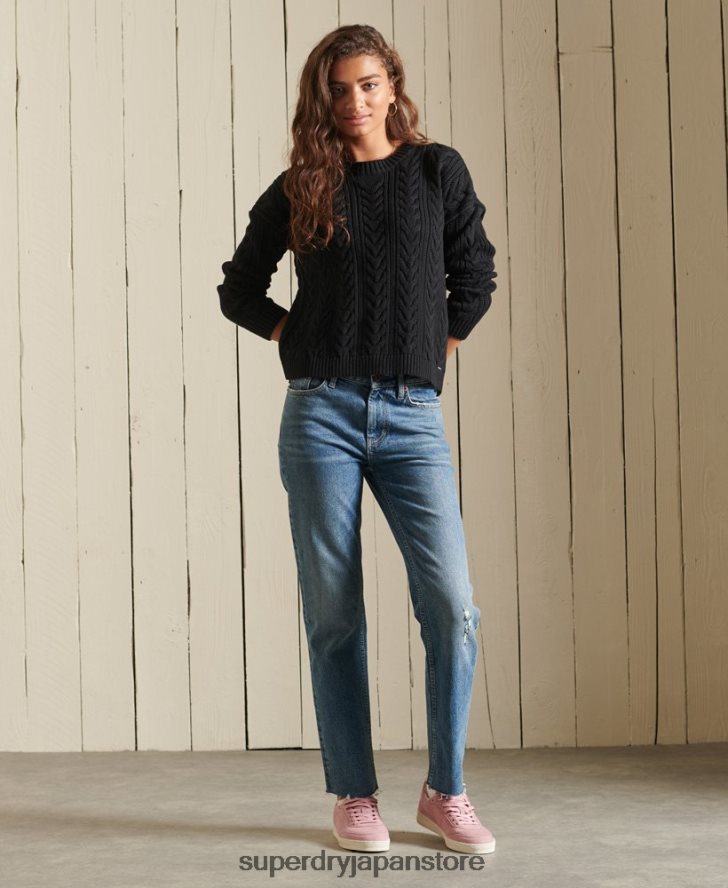 ドロップショルダー ケーブルニット クルーネック セーター 女性 Superdry 衣類 黒 2J62PZ3995