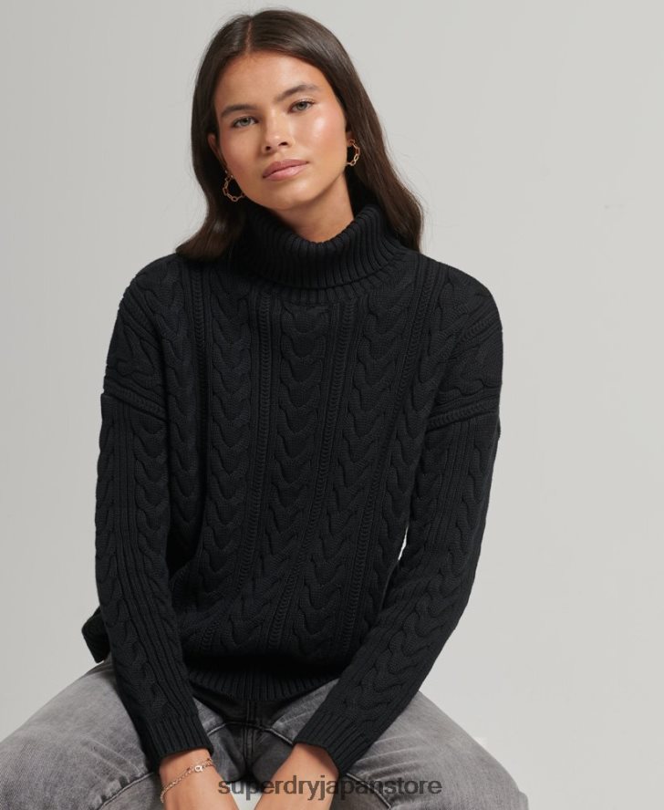ドロップショルダーケーブルロールネックジャンパー 女性 Superdry 衣類 黒 2J62PZ4001