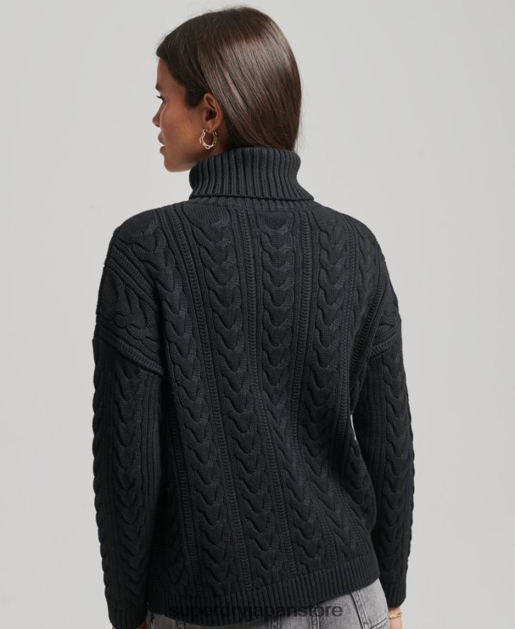 ドロップショルダーケーブルロールネックジャンパー 女性 Superdry 衣類 黒 2J62PZ4001