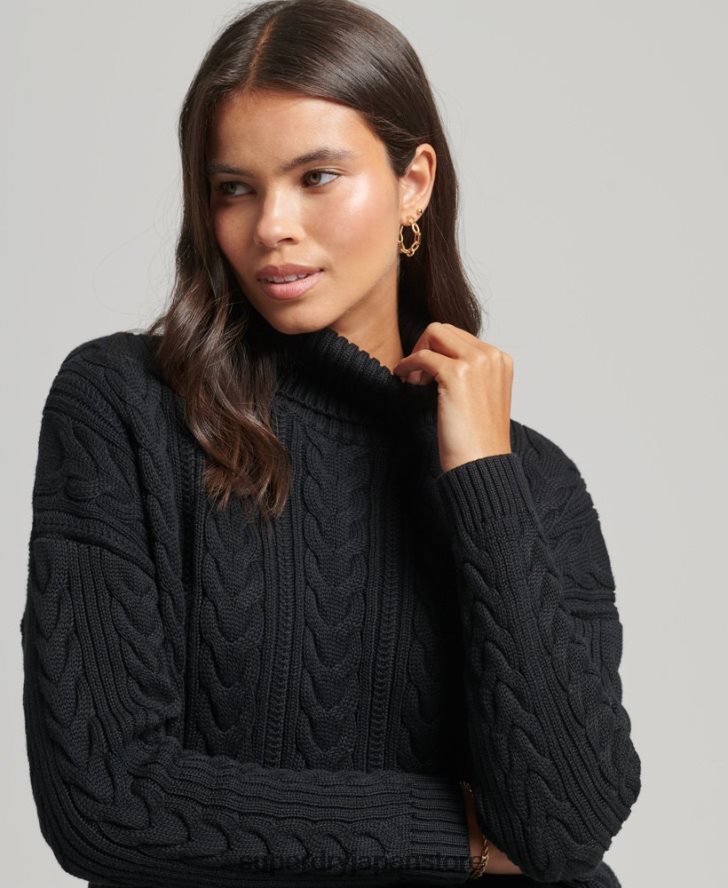 ドロップショルダーケーブルロールネックジャンパー 女性 Superdry 衣類 黒 2J62PZ4001