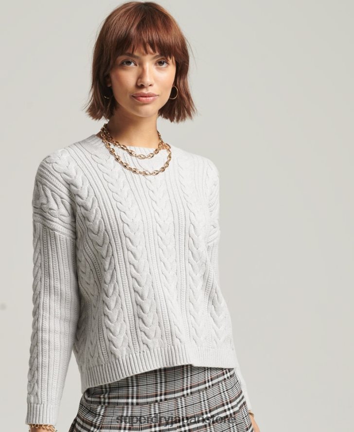 ドロップショルダー ケーブルニット クルーネック セーター 女性 Superdry 衣類 ライトグレー 2J62PZ4024