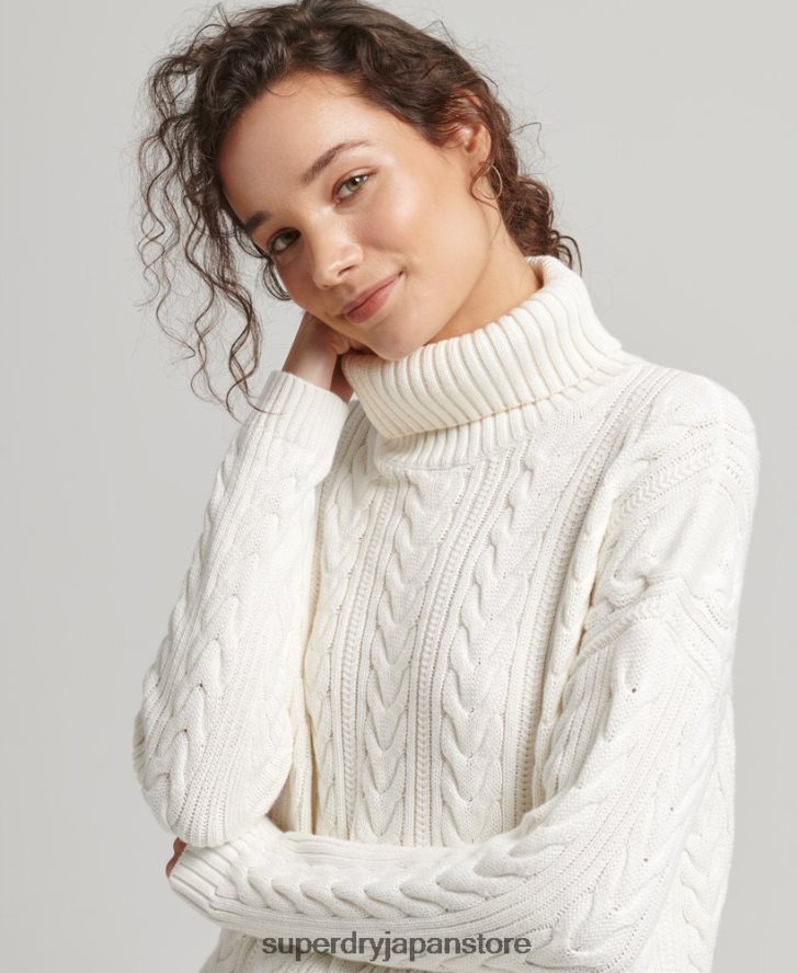ドロップショルダーケーブルロールネックジャンパー 女性 Superdry 衣類 白 2J62PZ4030
