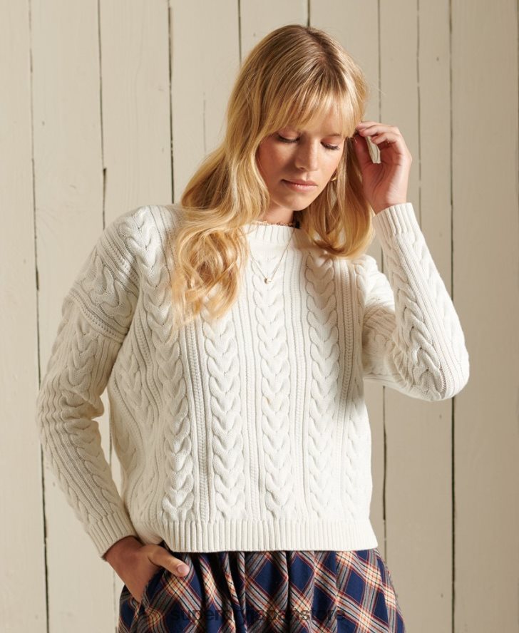 ドロップショルダー ケーブルクルージャンパー 女性 Superdry 衣類 白 2J62PZ4035