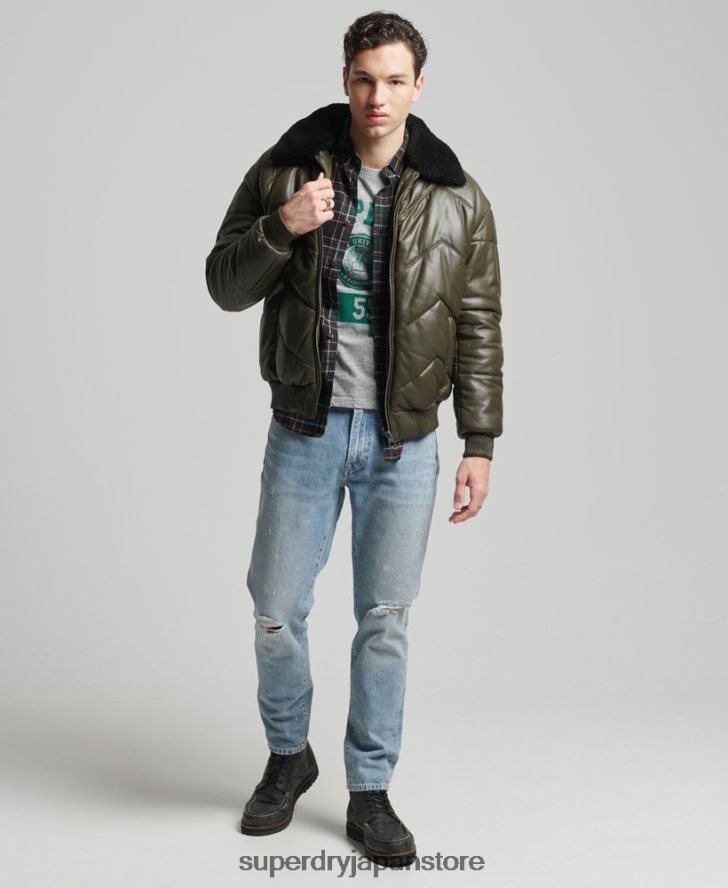 ヘリテージ レザー パファージャケット 男性 Superdry 衣類 緑 2J62PZ4666